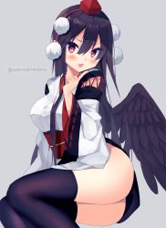Rule 34 | 1girl, :d, alternate costume, alternate hair length, alternate hairstyle, artist name, ass, black hair, black thighhighs, black wings, blush, breasts, commentary request, feathered wings, feet out of frame, grey background, hair between eyes, hand up, hat, highres, index finger raised, japanese clothes, kimono, kourindou tengu costume, large breasts, long hair, long sleeves, looking at viewer, momomaron, obi, open mouth, pointy ears, pom pom (clothes), red eyes, red sash, ribbon-trimmed sleeves, ribbon trim, sash, shameimaru aya, simple background, sitting, smile, solo, thighhighs, thighs, tokin hat, touhou, twitter username, white kimono, wide sleeves, wings