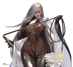 Rule 34 | 1girl, black thighhighs, bodysuit, breasts, brown eyes, coat, covered erect nipples, earrings, grey hair, hair over one eye, highres, holding, holding whip, hu dako, jewelry, long hair, looking at viewer, original, simple background, smile, solo, thighhighs, whip, white background