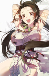 Rule 34 | 1girl, age nasuo, arms behind head, body markings, breasts, brown eyes, brown hair, fate/grand order, fate (series), himiko (fate), himiko (first ascension) (fate), jewelry, large breasts, long hair, magatama, magatama necklace, necklace, sideless outfit, signature