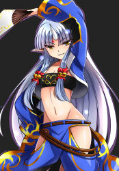 Rule 34 | 1girl, arm up, bell, blue hair, collarbone, facial mark, flat chest, folding fan, forehead mark, grin, groin, hair bell, hair ornament, hand fan, hand on own hip, highres, hip vent, horns, jingle bell, light blue hair, long hair, long sleeves, looking at viewer, navel, pointy ears, single horn, smile, solo, strapless, super robot wars, super robot wars og saga mugen no frontier, suzuka hime, tsurime, tube top, very long hair, yellow eyes, zetsuei (zetto)