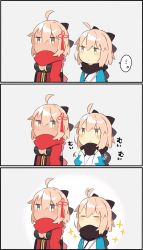 Rule 34 | ..., 2girls, 3koma, adjusting scarf, ahoge, ahoge wag, beige background, bow, breasts, chibi, cleavage, cleavage cutout, closed eyes, clothing cutout, comic, commentary request, expressive hair, fate/grand order, fate (series), hair between eyes, hair bow, hair ornament, japanese clothes, long sleeves, multiple girls, okita souji (fate), okita souji (koha-ace), okita souji alter (fate), okita souji alter (first ascension) (fate), pekeko (pepekekeko), pout, scarf, sleeveless, sparkle, spoken ellipsis, tan, translation request, wide sleeves, yellow eyes