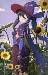 Rule 34 | 1girl, absurdres, ass, black bodysuit, black bow, black hair, black vest, blue leotard, blue sleeves, bodysuit, bodysuit under clothes, bow, breasts, closed mouth, day, detached sleeves, floating hair, flower, genshin impact, green eyes, hair between eyes, hair bow, hat, highres, hy199802, leotard, long hair, mona (genshin impact), outdoors, pantyhose, purple hat, purple sky, sky, small breasts, solo, standing, sunflower, thighlet, twintails, very long hair, vest, witch hat, yellow flower