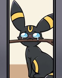 Rule 34 | animal focus, blue eyes, blush, creatures (company), crying, fangs, game freak, gen 2 pokemon, markings, mouth hold, nintendo, no humans, park horang, pokemon, pokemon (creature), sitting, solo, stick, tears, umbreon