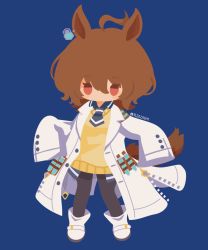 Rule 34 | 1girl, agnes tachyon (umamusume), ahoge, animal ears, artist name, bad id, bad twitter id, black pantyhose, blue background, blue necktie, blush stickers, boots, brown hair, chibi, coat, earrings, full body, hair between eyes, horse ears, horse girl, jewelry, necktie, no lineart, oversized clothes, pantyhose, red eyes, rizu (rizunm), short hair, simple background, sleeves past fingers, sleeves past wrists, solo, standing, sweater, twitter username, umamusume, vial, white coat, white pantyhose, yellow sweater, zipper