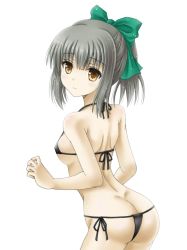 Rule 34 | amou yuu, ass, bikini, black bikini, bow, breasts, brown eyes, closed mouth, green bow, grey hair, hair between eyes, hair bow, highres, kantai collection, long hair, looking at viewer, micro bikini, ponytail, simple background, small breasts, solo, swimsuit, white background, yuubari (kancolle)