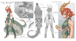 Rule 34 | 1girl, ass, bare shoulders, breasts, character sheet, commentary, dragon girl, dragon horns, dragon tail, english commentary, english text, flat color, from behind, glasgow smile, horns, long hair, low ponytail, mecha musume, multiple views, orange hair, original, pelvic curtain, pointy ears, small breasts, standing, tail, yellow eyes, zen (jirakun)