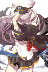 Rule 34 | 1girl, aircraft, azur lane, bare shoulders, black necktie, black skirt, burnt clothes, coat, collared shirt, commentary request, cowboy shot, enterprise (azur lane), feathers, floating hair, hand on headwear, hat, highres, long hair, looking at viewer, miniskirt, necktie, off shoulder, open clothes, open coat, open mouth, peaked cap, pleated skirt, purple eyes, shirt, silver hair, skirt, solo, torn clothes, torn coat, tosatsuru, underbust, white shirt