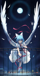 Rule 34 | 1girl, angel wings, blue eyes, blue footwear, blue hair, bow, brooch, cityscape, dress, feathered wings, feathers, frilled dress, frills, full moon, hair bow, highres, jewelry, large wings, leaning forward, leg up, looking at viewer, mai (touhou), mary janes, moon, night, night sky, outstretched arm, parted lips, ponytail, puffy short sleeves, puffy sleeves, railing, reaching, reaching towards viewer, red ribbon, ribbon, sash, shoes, short hair, short sleeves, sky, smile, solo, touhou, touhou (pc-98), white bow, white dress, white legwear, wings, yorktown cv-5
