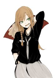 Rule 34 | 1girl, alternate eye color, arm behind head, black hat, black shirt, blonde hair, bow, braid, commentary request, contemporary, dress shirt, earrings, green eyes, grey necktie, hair bow, hand in pocket, hand up, hat, highres, jewelry, kirisame marisa, long hair, looking at viewer, loose necktie, necklace, necktie, necro (nekurodayo), open mouth, shirt, simple background, single braid, smile, solo, touhou, unworn hat, unworn headwear, upper body, white bow, witch hat