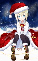 Rule 34 | 1boy, absurdres, bell, blonde hair, blue eyes, blush, christmas, full body, hat, highres, looking at viewer, male focus, marui shiro, merry christmas, open mouth, original, ribbon, santa costume, santa hat, shirt, smile, solo