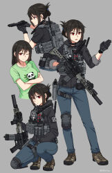 Rule 34 | 1girl, ;), absurdres, ammunition pouch, animal print, arms under breasts, assault rifle, bear print, black gloves, black hair, black jacket, blue pants, breasts, brown footwear, chinese commentary, closed mouth, commentary request, dated commentary, folded ponytail, gloves, green shirt, grey background, gun, hair between eyes, highres, holding, holding gun, holding weapon, hood, hood down, hooded jacket, jacket, knee pads, load bearing vest, long sleeves, looking at viewer, lr-300, medium breasts, multiple views, ndtwofives, on one knee, one eye closed, original, panda print, pants, parted lips, pouch, print shirt, profile, red eyes, rifle, shirt, shoes, simple background, single knee pad, smile, staccato 2011, suzuya tang, twitter username, v-shaped eyebrows, weapon