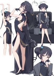Rule 34 | 1girl, armpits, arms up, black dress, black footwear, black hair, blue archive, breasts, butterfly hair ornament, china dress, chinese clothes, closed eyes, closed mouth, double bun, dragon print, dress, full body, grey eyes, grey jacket, hair bun, hair ornament, halo, highres, jacket, kisaki (blue archive), legs, long hair, looking at viewer, miso (misomiso 154), multiple views, print dress, shoes, simple background, sitting, small breasts, smile, standing, striped clothes, striped jacket, thighs, twintails, vertical-striped clothes, vertical-striped jacket, white background