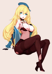 Rule 34 | 10s, 1girl, arm support, atago (kancolle), beige background, belt, beret, black bra, black gloves, black pantyhose, blonde hair, blue eyes, bra, bra pull, breast suppress, breasts, cameltoe, chestnut mouth, cleavage, clothes pull, detached collar, female focus, full body, gloves, hat, highres, kantai collection, large breasts, long hair, looking at viewer, military, military uniform, nero (nilu), nipples, no panties, no shoes, off shoulder, open clothes, open mouth, open shirt, pantyhose, shirt, sitting, solo, thighband pantyhose, torn clothes, torn pantyhose, underwear, uniform, very long hair