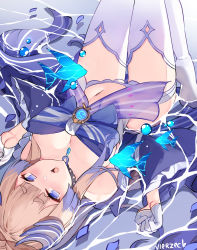 Rule 34 | 1girl, bare shoulders, blue bow, blue eyes, blunt bangs, blush, bow, bowtie, breasts, cleavage, fish, frilled sleeves, frills, genshin impact, gloves, hair ornament, half-closed eyes, highres, looking at viewer, lying, medium breasts, midriff, navel, open mouth, partially submerged, pink hair, sangonomiya kokomi, short eyebrows, short shorts, shorts, solo, thighhighs, vierzeck, vision (genshin impact), water, wet, white gloves, wide sleeves