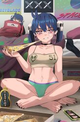 Rule 34 | backpack, bag, bed, beyblade, black choker, black nails, blue hair, blush, bright pupils, cellphone, cheese, choker, eating, feet, food, green panties, grin, highres, hitachi magic wand, holding, holding food, indian style, indoors, ji-yoon (jourd4n), jourd4n, mustard, mustard bottle, nail, navel, on floor, original, panties, phone, pink eyes, pizza, pizza box, pornhub, pornography, poster (object), sex toy, sitting, smartphone, smile, stuffed toy, toes, twintails, underwear, vibrator, white pupils