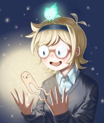 Rule 34 | 1girl, 4chan, :d, antenna hair, blonde hair, blue eyes, blue hairband, blue shirt, buttons, collared shirt, commentary, diu9you, dress shirt, english commentary, freckles, glasses, gondola (meme), hairband, hands up, highres, little witch academia, long sleeves, lotte jansson, meme, open mouth, pink-framed eyewear, round eyewear, round teeth, semi-rimless eyewear, shirt, short hair, smile, solo, teeth, under-rim eyewear, upper teeth only, v-neck