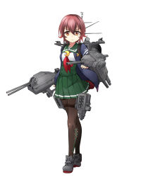 Rule 34 | 10s, 1girl, adapted costume, argyle, argyle clothes, argyle legwear, black pantyhose, blue jacket, brown hair, cannon, commentary request, crescent, crescent pin, flower, full body, gradient hair, green skirt, highres, jacket, kantai collection, looking at viewer, machinery, minosu, multicolored hair, mutsuki (kancolle), mutsuki kai ni (kancolle), neckerchief, pantyhose, pleated skirt, red eyes, red neckerchief, rudder footwear, school uniform, serafuku, short hair, simple background, skirt, solo, standing, turret, white background