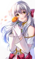 Rule 34 | 1girl, :d, absurdres, bare shoulders, blush, bow, brown eyes, commentary request, detached sleeves, dress, fire emblem, fire emblem heroes, flower, gloves, hair between eyes, hair bow, hands up, highres, holding, holding flower, huge filesize, long hair, long sleeves, micaiah (fire emblem), nintendo, open mouth, orange flower, petals, red bow, satoimo chika, silver hair, simple background, smile, solo, upper body, very long hair, white background, white dress, white gloves, white sleeves, wide sleeves