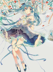 Rule 34 | 1girl, aplle, apple, aqua eyes, aqua hair, bare legs, bare shoulders, blush, broken glass, bug, butterfly, cage, detached collar, floating hair, flower, food, frilled skirt, frills, fruit, full body, glass, grey background, hair between eyes, hair ornament, hair ribbon, hatsune miku, high heels, highres, insect, long hair, looking at viewer, mada (shizhou), midair, necktie, petals, plant, ribbon, shoes, skirt, twintails, veil, vocaloid
