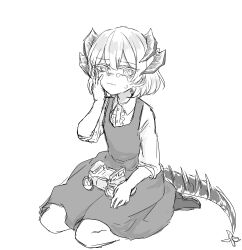 Rule 34 | 1girl, absurdres, aged down, arknights, collared shirt, crying, dragon girl, dragon horns, dress, highres, horns, long sleeves, monochrome, saria (arknights), seiza, shirt, short hair, sitting, sketch, solo, srsdnoisi, toy truck