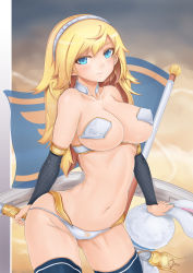 Rule 34 | 1girl, absurdres, aqua eyes, bad id, bad pixiv id, black thighhighs, blonde hair, blush, breasts, cowboy shot, detached sleeves, flag, hairband, highres, large breasts, league of legends, lux (league of legends), md5 mismatch, navel, oni-noboru, panties, solo, stuffed animal, stuffed toy, thighhighs, underwear, white panties