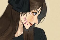 Rule 34 | 1girl, animification, babybluelove, black eyes, black ribbon, black shirt, blush, brown background, brown hair, facepaint, facial mark, hair ribbon, jewelry, k-pop, korean text, looking to the side, necklace, portrait, profile, real life, ribbon, sana (twice), shirt, smile, solo, twice (group)