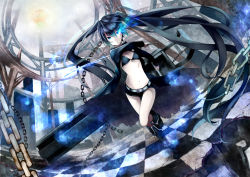 Rule 34 | 10s, 1girl, black hair, black rock shooter, black rock shooter (character), blue eyes, boots, chain, coat, glowing, glowing eyes, highres, huge weapon, long hair, midriff, navel, retsuna, scar, shorts, solo, sword, twintails, very long hair, weapon
