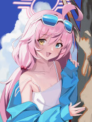 1girl :d absurdres against_tree ahoge amamiyayk bikini blue-tinted_eyewear blue_archive blue_eyes blue_jacket blush breasts cleavage cloud commentary_request cumulonimbus_cloud day eyewear_on_head hair_between_eyes hair_bobbles hair_ornament halo hand_up happy heterochromia highres hoshino_(blue_archive) hoshino_(swimsuit)_(blue_archive) huge_ahoge jacket long_hair long_sleeves looking_at_viewer low_twintails official_alternate_costume open_clothes open_jacket open_mouth outdoors pink_halo sidelighting sleeves_past_wrists small_breasts smile solo strap_slip sunglasses swimsuit tinted_eyewear tree twintails upper_body white-framed_eyewear white_bikini yellow_eyes