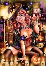 Rule 34 | 1girl, :d, alcohol, arm support, bangle, black thighhighs, blue eyes, blush, book, bookshelf, bottomless, bracelet, breasts, candle, candlestand, circlet, commentary request, crescent, crescent hat ornament, cup, cupping glass, curvy, drinking glass, earrings, female pubic hair, fingernails, glasses, halloween, halloween costume, hat, hat ornament, highres, holding, holding cup, indoors, ivy, jack-o&#039;-lantern, jewelry, large breasts, leaning forward, lips, long hair, looking at viewer, looking over eyewear, nail polish, navel, necklace, no shoes, nose blush, on floor, open clothes, open mouth, original, pink hair, pink lips, pink nails, pubic hair, pumpkin, red hair, ribbon, ribbon trim, runes, sitting, skull, skull earrings, skull necklace, smile, solo, star (symbol), star hat ornament, taki reki, thighhighs, wine, wine glass, witch, witch hat
