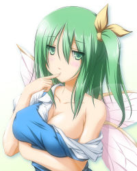 Rule 34 | 1girl, bare shoulders, blush, breasts, cleavage, daiyousei, female focus, finger to mouth, green eyes, green hair, large breasts, long hair, matching hair/eyes, nori tamago, off shoulder, aged up, side ponytail, solo, touhou, upper body, wings