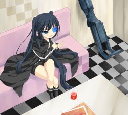 Rule 34 | 10s, 1girl, arm cannon, bad id, bad pixiv id, black hair, black rock shooter, black rock shooter (character), blue eyes, boots, coat, drink, glowing, glowing eyes, karaoke, crossed legs, long hair, makai no koutaishi, microphone, music, shorts, singing, sitting, solo, twintails, very long hair, weapon