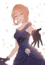 Rule 34 | 1girl, black gloves, blue dress, blurry, blurry background, blush, braid, breasts, brown hair, candyquq, cleavage, clothes lift, collarbone, crown braid, dress, dress lift, earrings, girls&#039; frontline, gloves, green eyes, hair between eyes, highres, jewelry, lace, lace-trimmed gloves, lace trim, large breasts, light particles, long hair, looking at viewer, official alternate costume, open mouth, reaching, reaching towards viewer, ring, simple background, smile, solo, springfield (girls&#039; frontline), springfield (queen in radiance) (girls&#039; frontline), wedding ring, white background