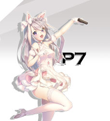 Rule 34 | 1girl, absurdres, animal ears, bow, commentary request, dress, girls&#039; frontline, gun, handgun, highres, long hair, looking at viewer, official alternate costume, p.p (operson nangko), p7 (girls&#039; frontline), p7 (pinky swear) (girls&#039; frontline), panties, pistol, purple hair, solo, thighhighs, underwear, weapon, white background, white hair, white thighhighs