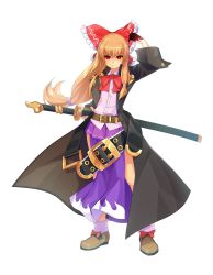 Rule 34 | 1girl, arm up, belt, black coat, bow, bowtie, brown footwear, brown hair, buttons, closed mouth, coat, collared shirt, commentary request, cookie (touhou), cosplay, footwear bow, full body, guilty gear, guilty gear xrd, hair between eyes, hair bow, highres, holding, holding sword, holding weapon, ibuki suika, johnny (guilty gear), johnny (guilty gear) (cosplay), long hair, long sleeves, looking at viewer, open clothes, open coat, pelvic curtain, pleated skirt, purple skirt, red bow, red bowtie, red eyes, scabbard, sheath, sheathed, shirt, shoes, sidelocks, skirt, solo, standing, sword, tarmo, touhou, transparent background, weapon, white shirt