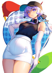 Rule 34 | 1girl, absurdres, ball, bare shoulders, baseball cap, black shirt, breasts, commentary request, elbow gloves, gloves, golf ball, golf club, hat, highres, holding, holding golf club, looking at viewer, nicchi, pencil skirt, purple eyes, shirt, short hair with long locks, skirt, sleeveless, sleeveless shirt, small breasts, smile, solo, thighs, vocaloid, voiceroid, white gloves, white skirt, yuzuki yukari