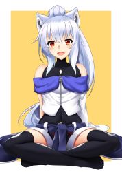 Rule 34 | 1girl, :d, animal ear fluff, animal ears, bare shoulders, black shirt, black shorts, black thighhighs, blush, clothes around waist, commentary request, covered collarbone, covered navel, crossed legs, full body, hair between eyes, high ponytail, jacket, long hair, no shoes, off shoulder, open mouth, orange background, original, ponytail, red eyes, shachoo., shirt, short shorts, shorts, silver hair, sitting, sleeveless, sleeveless shirt, smile, solo, thighhighs, two-tone background, very long hair, white background, white jacket, wolf ears, wolf girl
