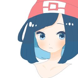 1girl beanie black_hair blue_eyes blush creatures_(company) female_focus frown game_freak hat nintendo pandamaaaan pokemon pokemon_sm profile red_hat selene_(pokemon) shirt short_hair simple_background solo swept_bangs white_background