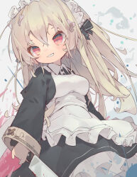 Rule 34 | 1girl, absurdres, apron, black bow, black dress, blonde hair, blood, bloody knife, bow, breasts, cowboy shot, dated commentary, dress, grey background, grin, hair between eyes, hair bow, hair ornament, highres, holding, holding knife, knife, long hair, long sleeves, maid, maid headdress, medium breasts, nep (nep 76), original, pink bow, red eyes, sharp teeth, smile, solo, teeth