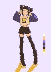 Rule 34 | 1girl, black footwear, black hair, black shorts, black thighhighs, boots, cable, closed mouth, color guide, cropped shirt, double bun, full body, gaako illust, green eyes, hair bun, hands on headphones, hands up, headphones, highres, long sleeves, midriff, navel, original, radio antenna, short shorts, shorts, simple background, sleeves past wrists, solo, standing, thighhighs