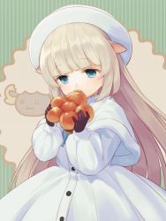 Rule 34 | .live, 1girl, animal ears, black gloves, blue eyes, blunt bangs, bread, capelet, commentary, cowboy shot, dress, eating, food, fur-trimmed capelet, fur trim, gloves, hat, holding, holding food, long hair, long sleeves, merry milk, mizuto umi (blue monday), puffy sleeves, sheep ears, silver hair, solo, very long hair, virtual youtuber, white dress, white hat