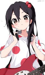 Rule 34 | 1girl, absurdres, black hair, brown eyes, casual, closed mouth, commentary request, dot nose, electric guitar, fender (company), guitar, hair between eyes, hair ornament, head tilt, headphones, headphones around neck, highres, holding, holding headphones, instrument, k-on!, long hair, looking at viewer, nakano azusa, pearl hair ornament, polka dot, polka dot shirt, shirt, short sleeves, side ponytail, sidelocks, simple background, solo, sweat, twitter username, upper body, white background, white gorilla (okamoto), white shirt