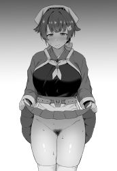 Rule 34 | 1girl, absurdres, anchor, blush, breasts, closed mouth, clothes lift, commentary request, female pubic hair, greyscale, groin, hair flaps, hair ornament, highres, jingei (kancolle), kantai collection, large breasts, long hair, long sleeves, looking down, monochrome, no panties, nose blush, pubic hair, ribbon, simple background, skindentation, skirt, skirt lift, solo, sweat, takaman (gaffe), thighhighs