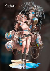 Rule 34 | 1girl, absurdres, agoto, alchemy stars, bandaged arm, bandages, belt, black shorts, boots, breasts, brown footwear, chain, cleavage, covered navel, eyelashes, full body, goggles, goggles on head, highres, holding, holding weapon, huge weapon, large breasts, leotard, light brown hair, long hair, multicolored hair, one eye closed, open mouth, original, purple eyes, shiny skin, shorts, simple background, smile, solo, standing, thigh strap, two-tone hair, water, weapon, wet