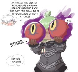 Rule 34 | !, !?, 1boy, 1girl, alphinaud leveilleur, brown gloves, chibi, chibi inset, disembodied eye, elezen, elf, english text, final fantasy, final fantasy xiv, gloves, green hair, grey sweater, hair over one eye, holding eye, lalafell, open mouth, pointy ears, short hair, sifserf, simple background, slit pupils, speech bubble, sweatdrop, sweater, upper body, warrior of light (ff14), wavy mouth, white background, white hair