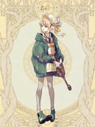 Rule 34 | 1girl, :d, blonde hair, bug, butterfly, butterfly on hat, coat, dairoku ryouhei, full body, gloves, green coat, green eyes, green footwear, grey pants, hat, insect, jewelry, long hair, long sleeves, looking to the side, necklace, open mouth, pants, seiyakarutaken, shirono ibara, shoes, sidelocks, smile, solo, standing, watering can, white butterfly, white gloves, yellow background, yellow butterfly