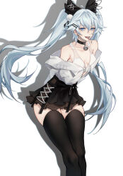 Rule 34 | 1girl, absurdres, alternate costume, arms behind back, bare shoulders, bell, black choker, black skirt, black thighhighs, blue eyes, blue hair, bow, bra, breasts, choker, clothes pull, collarbone, earclip, feet out of frame, florence (neural cloud), girls&#039; frontline, girls&#039; frontline neural cloud, hair bow, hair ornament, hairclip, highres, leaning forward, light blue hair, light smile, long hair, looking at viewer, neck bell, open mouth, pa-15 (girls&#039; frontline), parted lips, shadow, shinyuxo, shirt, shirt pull, skirt, small breasts, solo, sports bra, standing, teeth, thighhighs, thighs, tongue, twintails, underwear, upper teeth only, white background, white bra, white shirt, white sports bra