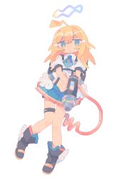 Rule 34 | 1girl, ahoge, ankle boots, backpack, bag, bandaid, bandaid on face, black footwear, blonde hair, blue eyes, blue necktie, blue skirt, boots, bright pupils, clothing cutout, crop top, daizu (melon-lemon), expressionless, fingerless gloves, full body, gloves, hair between eyes, hair ornament, hairclip, halo, highres, holding, holding weapon, jitome, long hair, looking at viewer, midriff, miniskirt, multicolored eyes, necktie, no nose, original, parted lips, pleated skirt, puffy short sleeves, puffy sleeves, short necktie, short sleeves, shoulder cutout, sidelocks, simple background, skirt, solo, standing, weapon, white background, wing collar