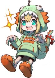 Rule 34 | 1girl, absurdres, amano pikamee, blonde hair, blush stickers, bright pupils, claw pose, collar, commentary, dinosaur hood, green eyes, green hoodie, green nails, hands up, highres, hood, hood up, hoodie, kayaya (kiryuushi), looking to the side, open mouth, sharp teeth, short hair, simple background, slippers, smile, solo, spiked collar, spikes, symbol-only commentary, teeth, virtual youtuber, voms, white background, white pupils