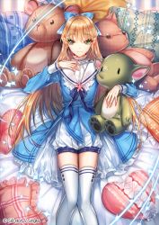 Rule 34 | 1boy, blonde hair, blue dress, blue eyes, blue ribbon, copyright name, dress, goblin, hair ribbon, hand on own chest, heart, looking at viewer, male focus, official art, on bed, ribbon, sid story, sila (carpen), solo, stuffed animal, stuffed toy, teddy bear, thighhighs, wilhelm grimm (sid story)