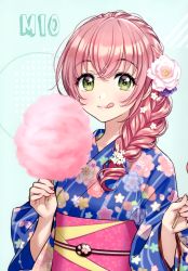 Rule 34 | 1girl, absurdres, blush, braid, character name, cotton candy, fingernails, floral print, food, green eyes, hair ornament, highres, holding, holding food, japanese clothes, kimono, lips, long hair, long sleeves, looking at viewer, morikura en, obi, original, pink hair, sash, scan, shiny skin, simple background, single braid, solo